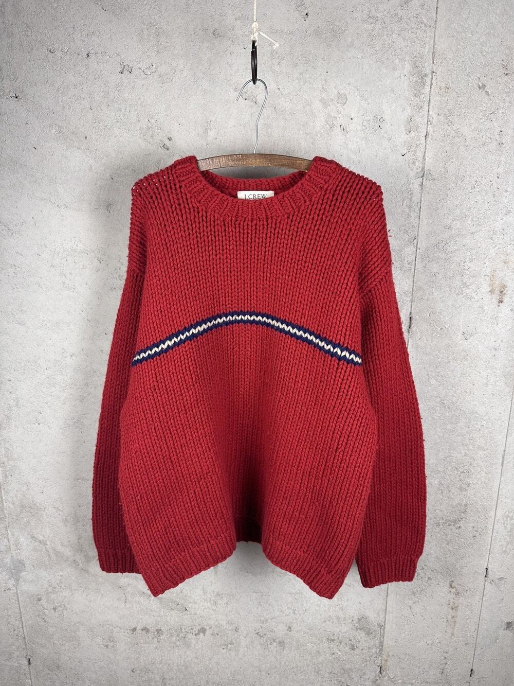 Vintage J.CREW Handknit Wool Cherry Red Striped Cozy Pullover Sweater Large